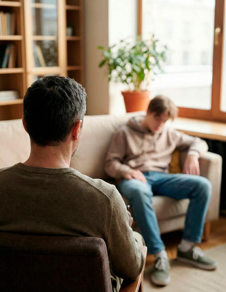 Psicólogo de mediana edad de espaldas en sesión de terapia con un adolescente difuminado en una consulta.