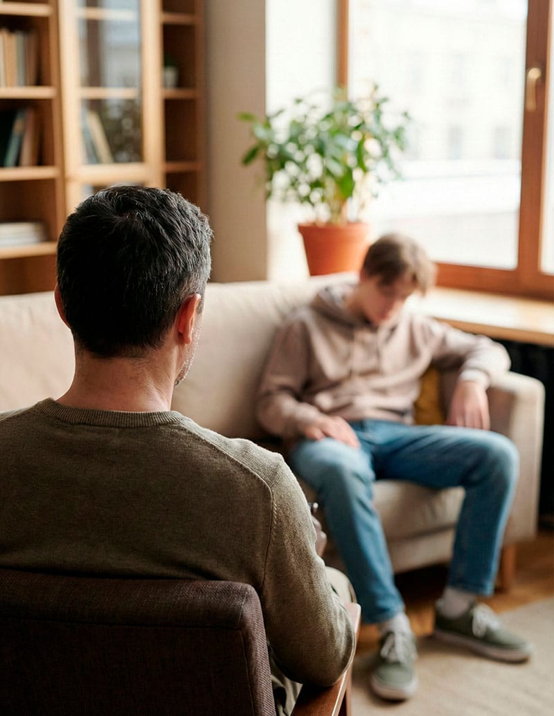 Psicólogo de mediana edad de espaldas en sesión de terapia con un adolescente difuminado en una consulta.
