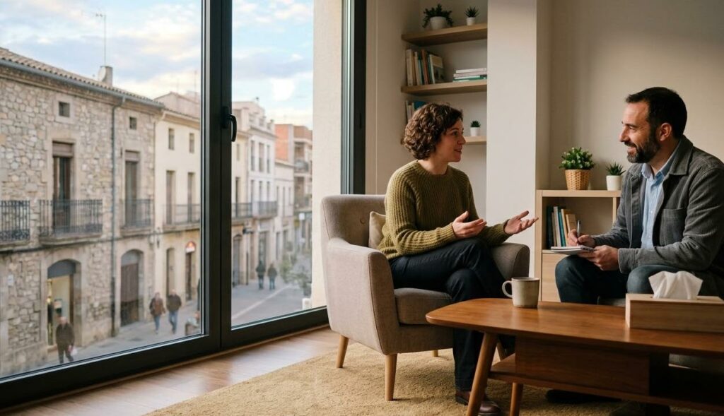 Fotografía de una sesión de terapia acogedora con un psicólogo en el centro GADEX de Sabadell.